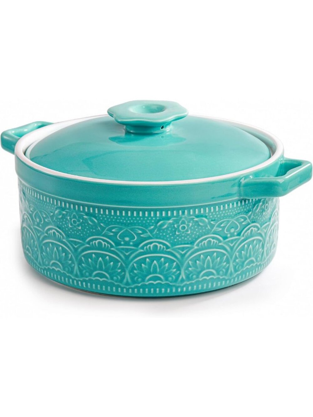 Vintage 2 Quart Round Ceramic Casserole Dish with Lid - Turquoise Bakeware